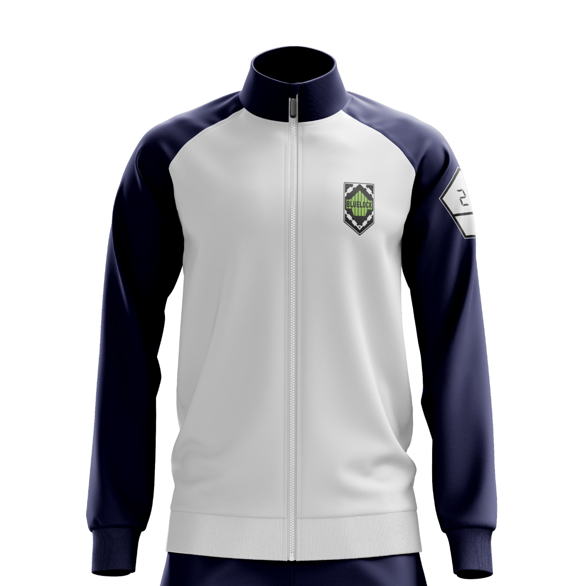 Blue Lock anime navy blue and white tracksuit jacket front view with chest and shoulder logo